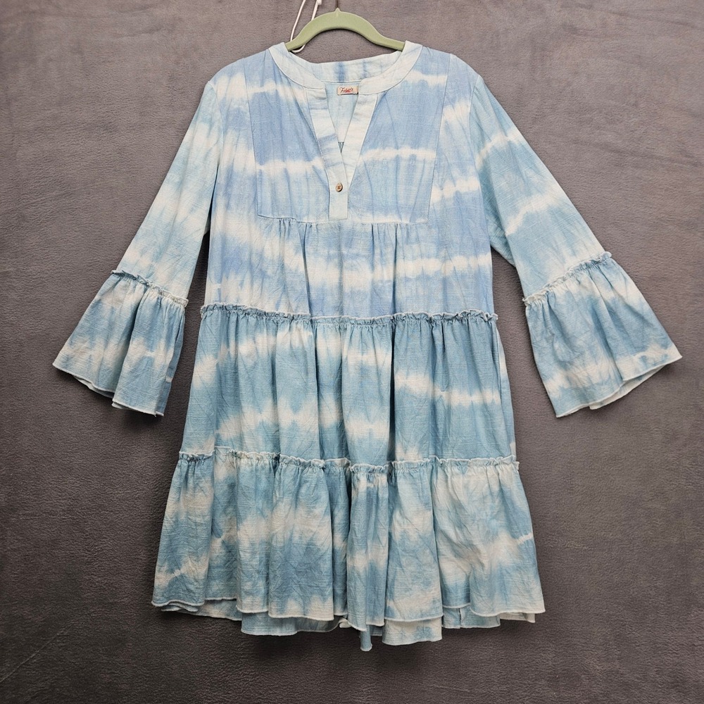 Faherty Organic Cotton Tie Dye Tiered Ruffle Mini Dress Blue White Small
